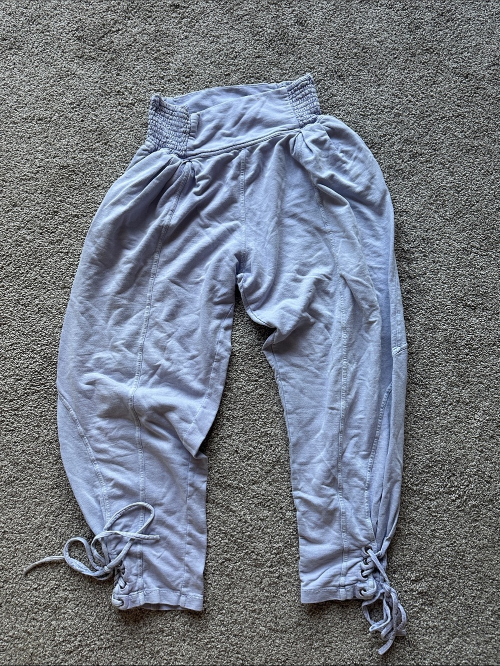 Free People Light Blue Smocked Waist Joggers with Lace-Up Hems STAINED SEE PHOTO